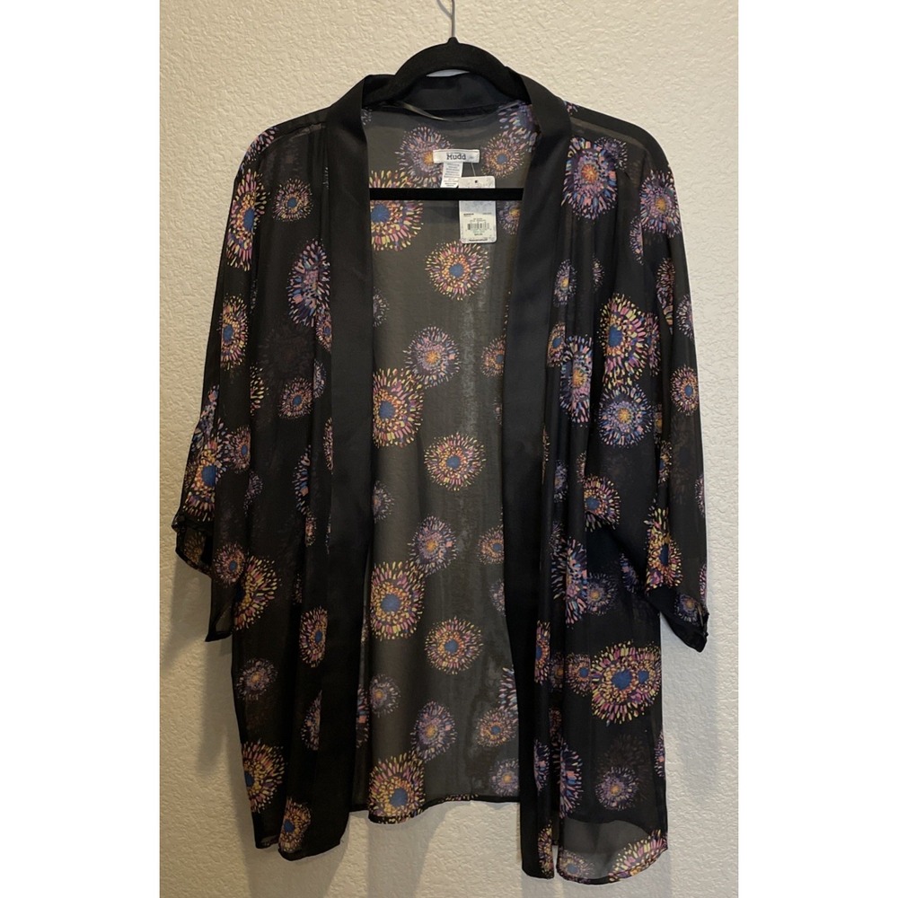 Mudd Womens One Size Kimono Black Floral Starburst Sheer Open Front Festival NEW
